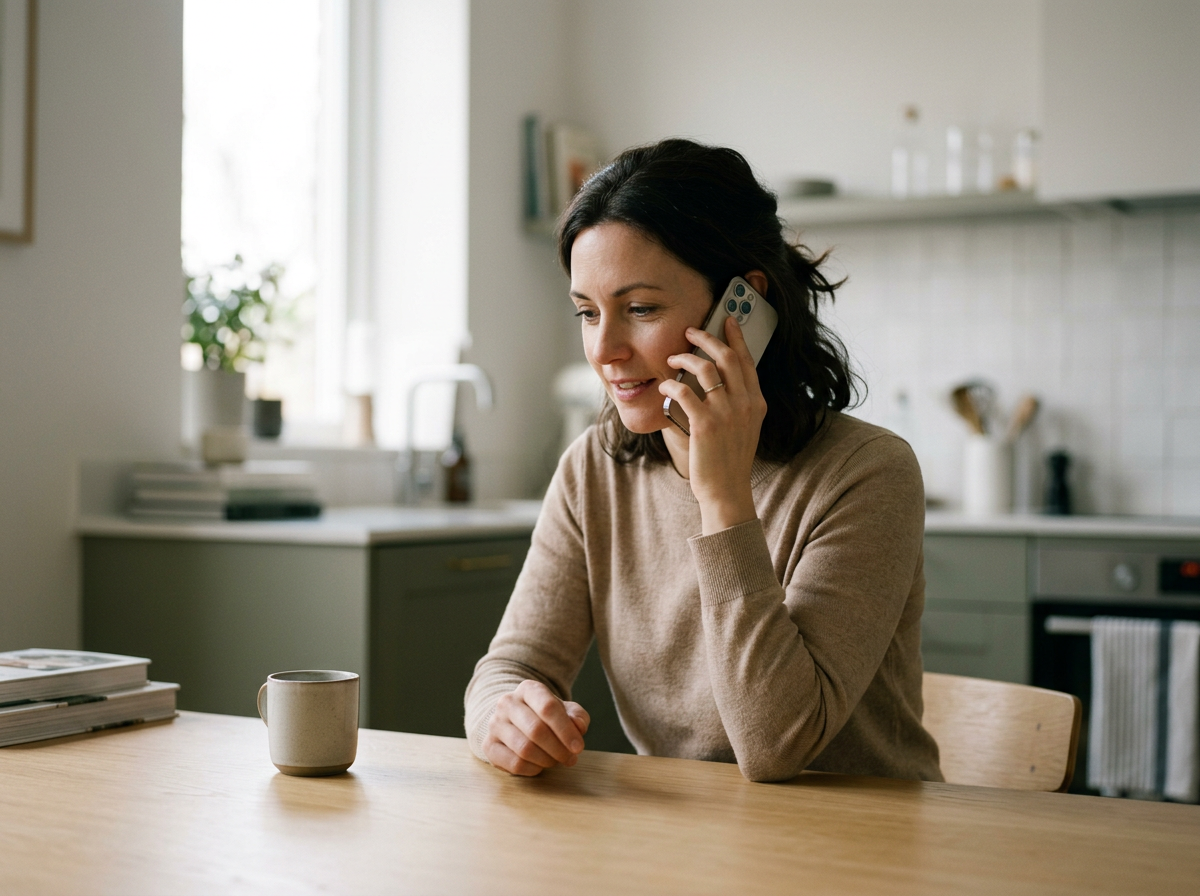 Woman talking on a smartphone at a kitchen table with a mug and stacked books.
