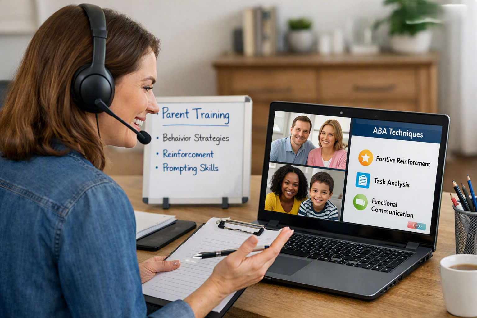 A woman in a denim shirt participates in a virtual training session with a headset, smiling, with a notepad and pen in front of her, engaging in a video conference with three people on a laptop screen, with a whiteboard in the background titled 'Parent Training' listing key topics.