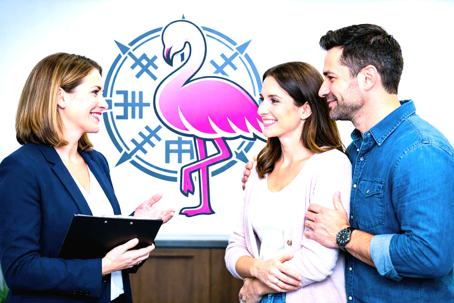 A woman in a navy blazer holding a clipboard, smiling and talking to a couple. The woman in the couple is wearing a light pink cardigan, and the man is in a denim shirt. They are standing in front of a wall with a pink flamingo graphic and blue North Korean flags.