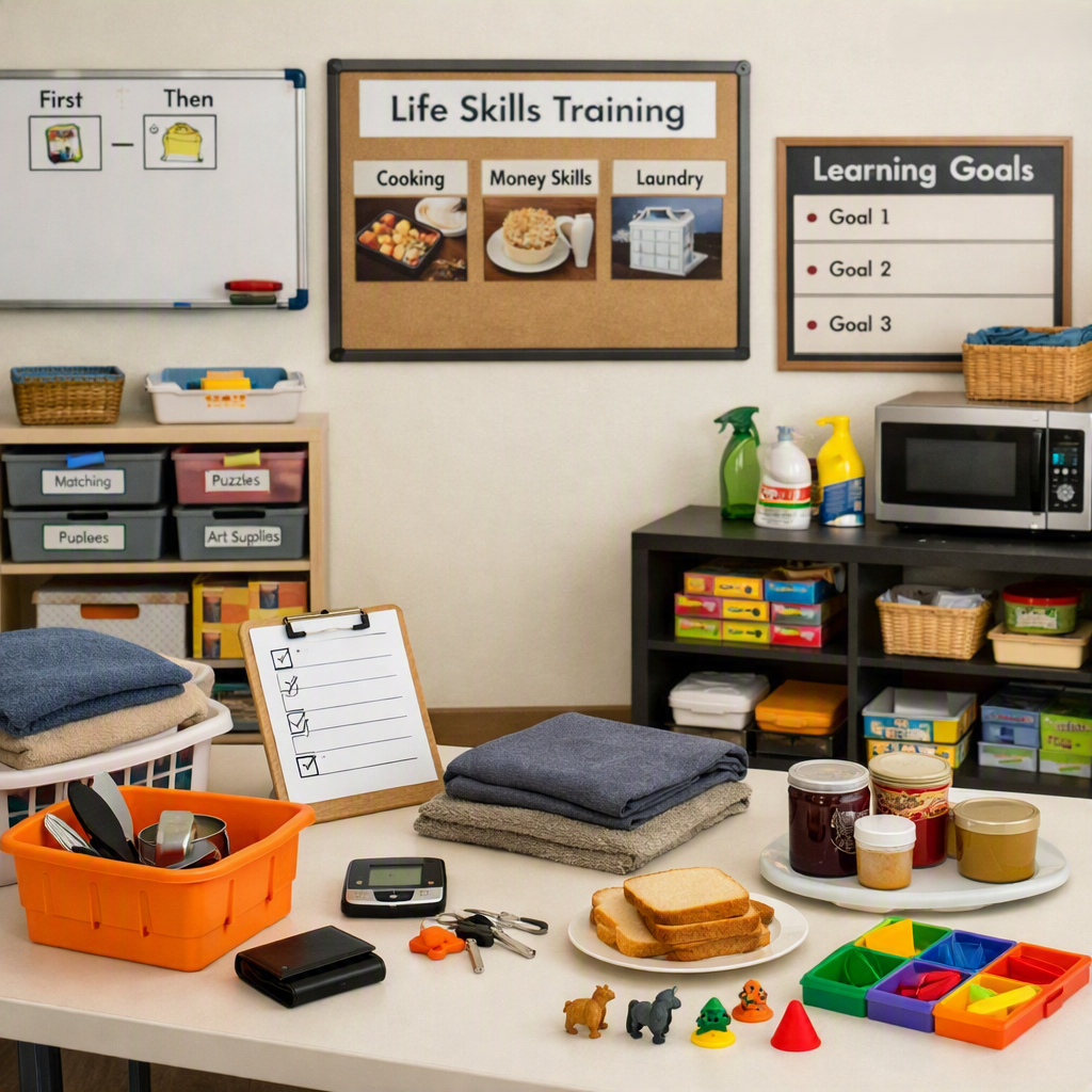 A classroom with various teaching materials and supplies, including a whiteboard, bulletin boards, storage bins, a microwave, cleaning sprays, jars of snacks, a basket, a clipboard with checkmarks, folded clothes, a plate with bread slices, toys, and colorful sorting cups.