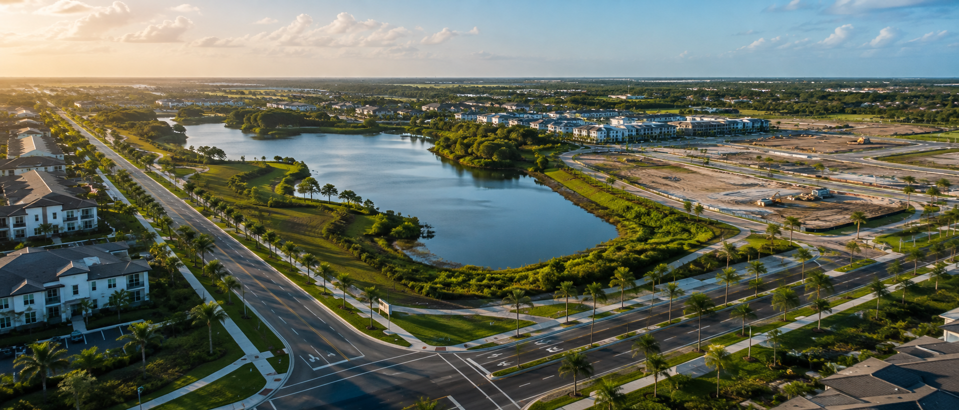Aerial view of a suburban area with a river or lake, residential buildings, palm trees, roads, and a construction site under a partly cloudy sky at sunset.