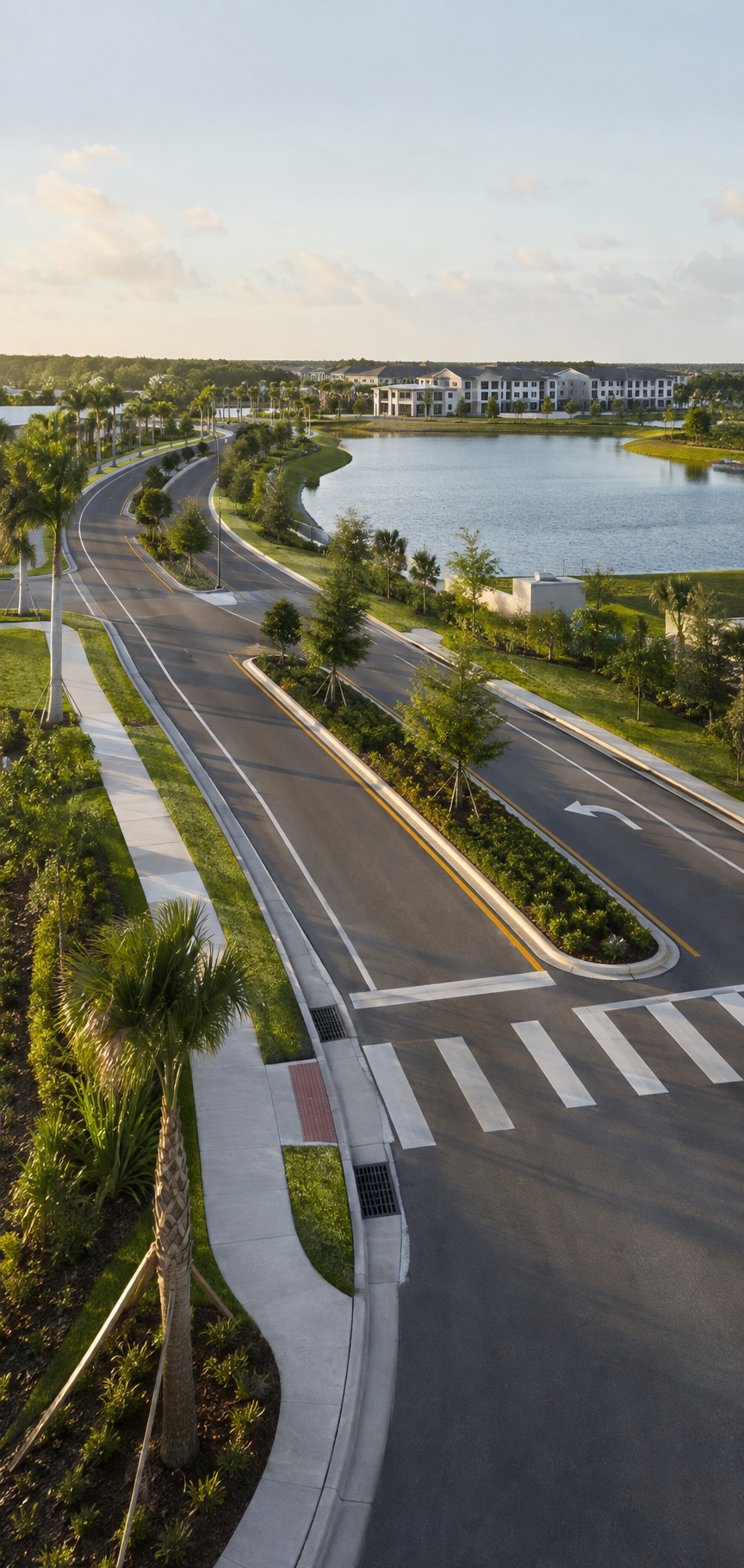 A residential community with modern white apartment buildings across a large pond, surrounded by lush green trees and landscaped areas. Curved roadways with marked lanes and evenly spaced palm trees run alongside a sidewalk.