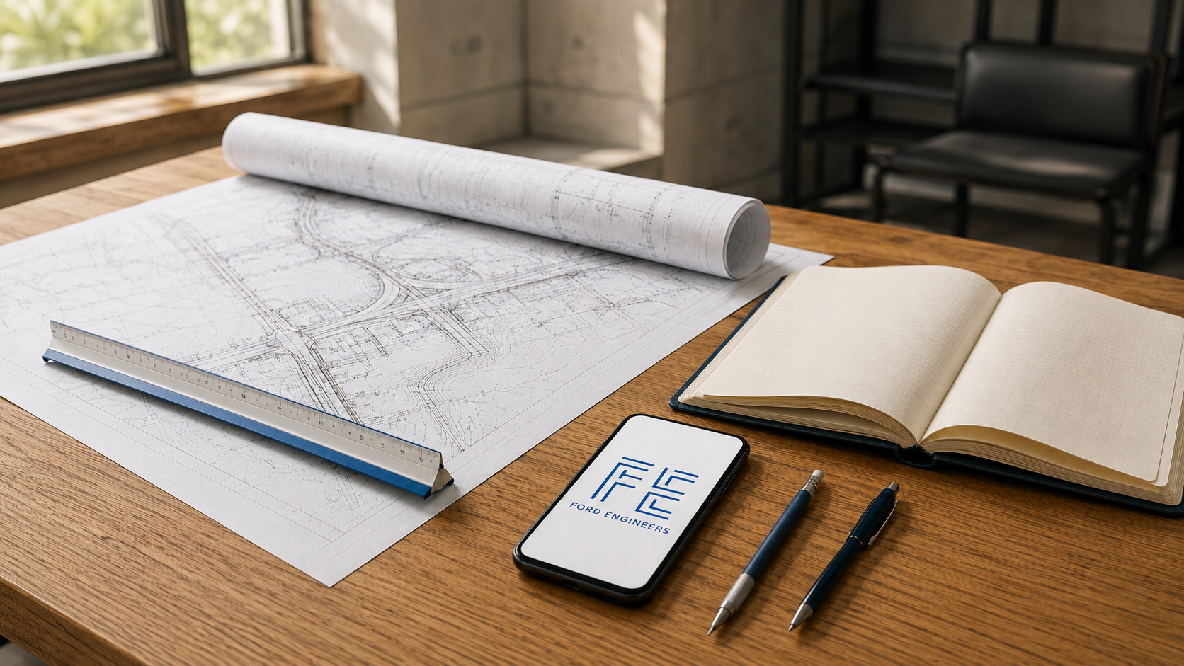 A wooden table holding blueprints, an open notebook, a smartphone with Ford Engineers logo, two pens, and a scale, with a window and a black chair in the background.