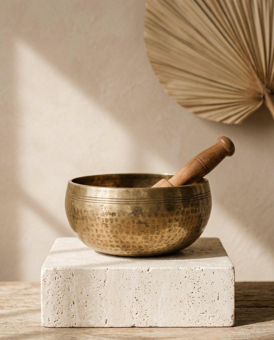 Brass singing bowl with a wooden striker resting inside, placed on a white stone pedestal in a minimalist setting with a fan-shaped palm leaf in the background.