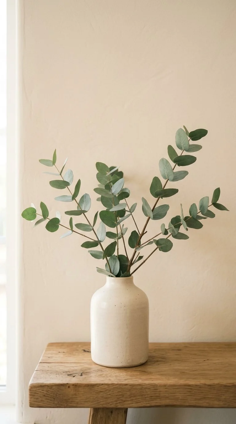 A white ceramic vase with green eucalyptus leaves on a wooden table against a beige wall.