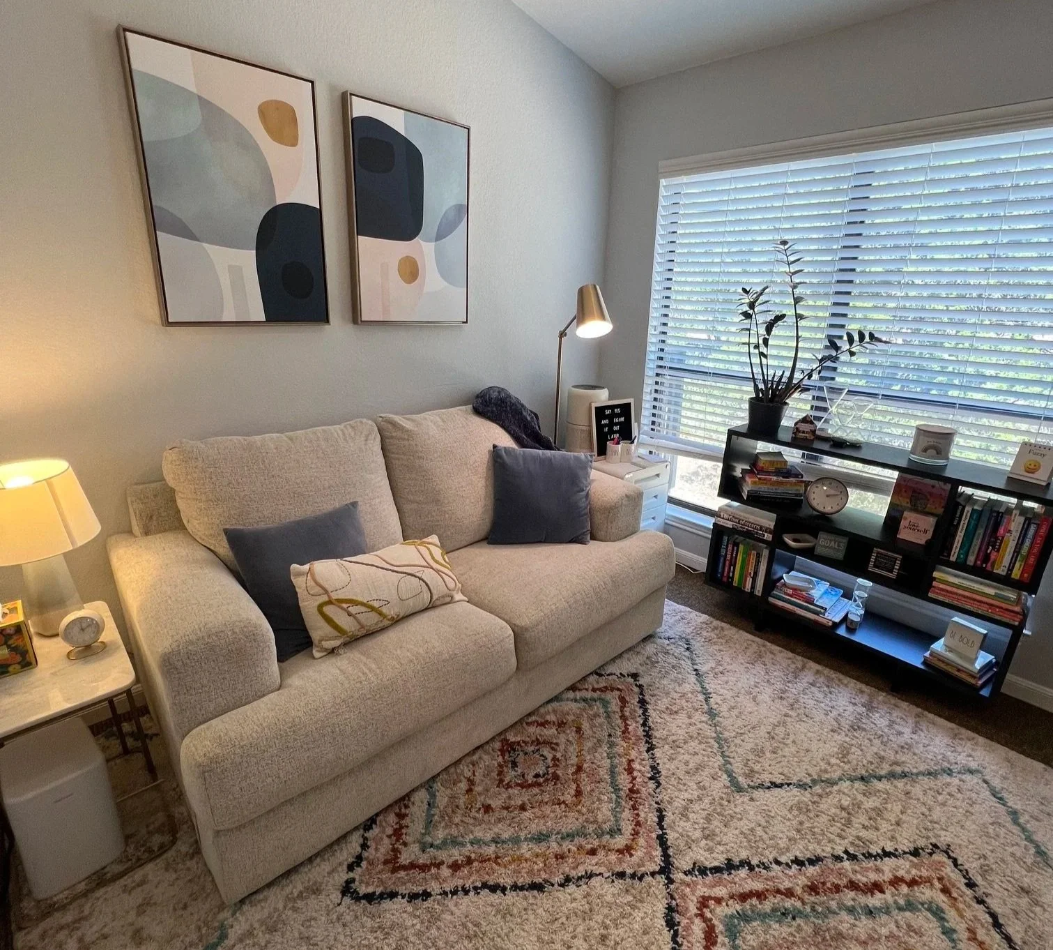 Living room with a beige sofa, decorative pillows, a side table with a lamp, a black bookshelf filled with books, a large window with blinds, a potted plant, artwork on the wall, and a patterned rug.