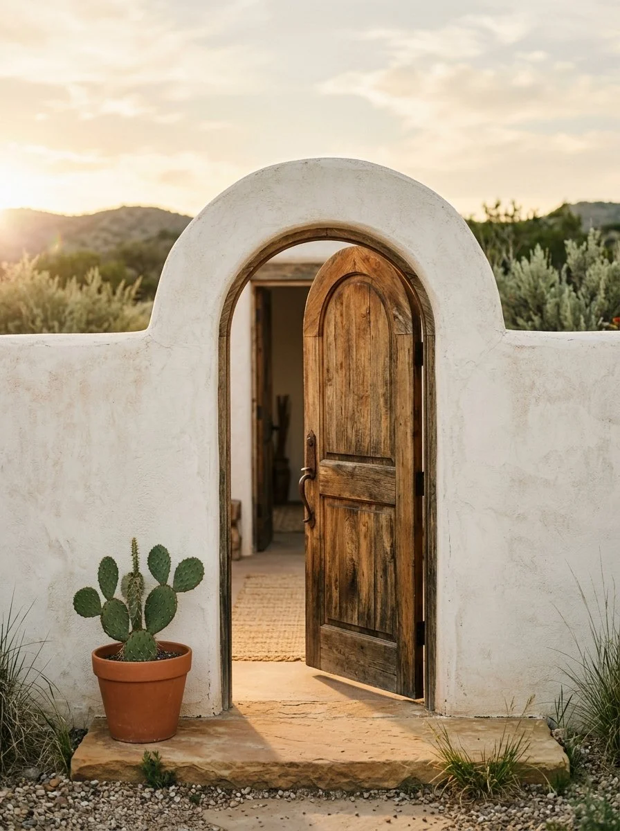 A wooden door set in a white stucco wall, with a potted cactus plant nearby, against a backdrop of mountains and a sunset sky.