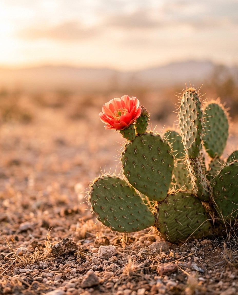 A prickly pear cactus with a pink flower blooming on top, set in a desert landscape with mountains in the background during sunset.