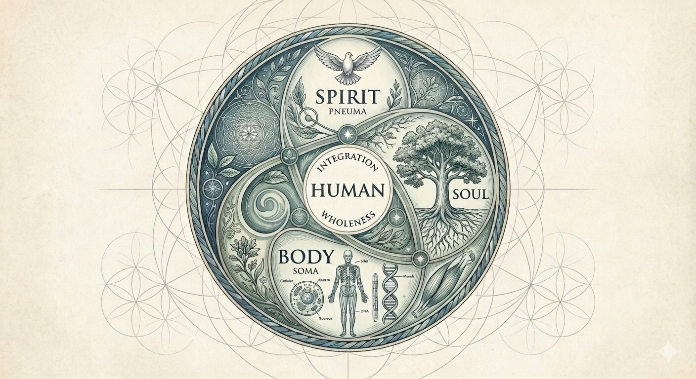 A detailed diagram illustrating the relationship between spirit, body, and soul, with symbolic images of a bird, tree, human skeleton, and DNA, surrounded by geometric patterns.