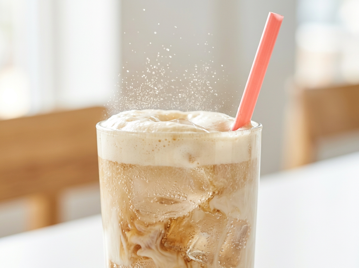 Glass of iced coffee with cream, bubbles on the surface, and a pink straw, on a white surface with blurred chairs in the background.