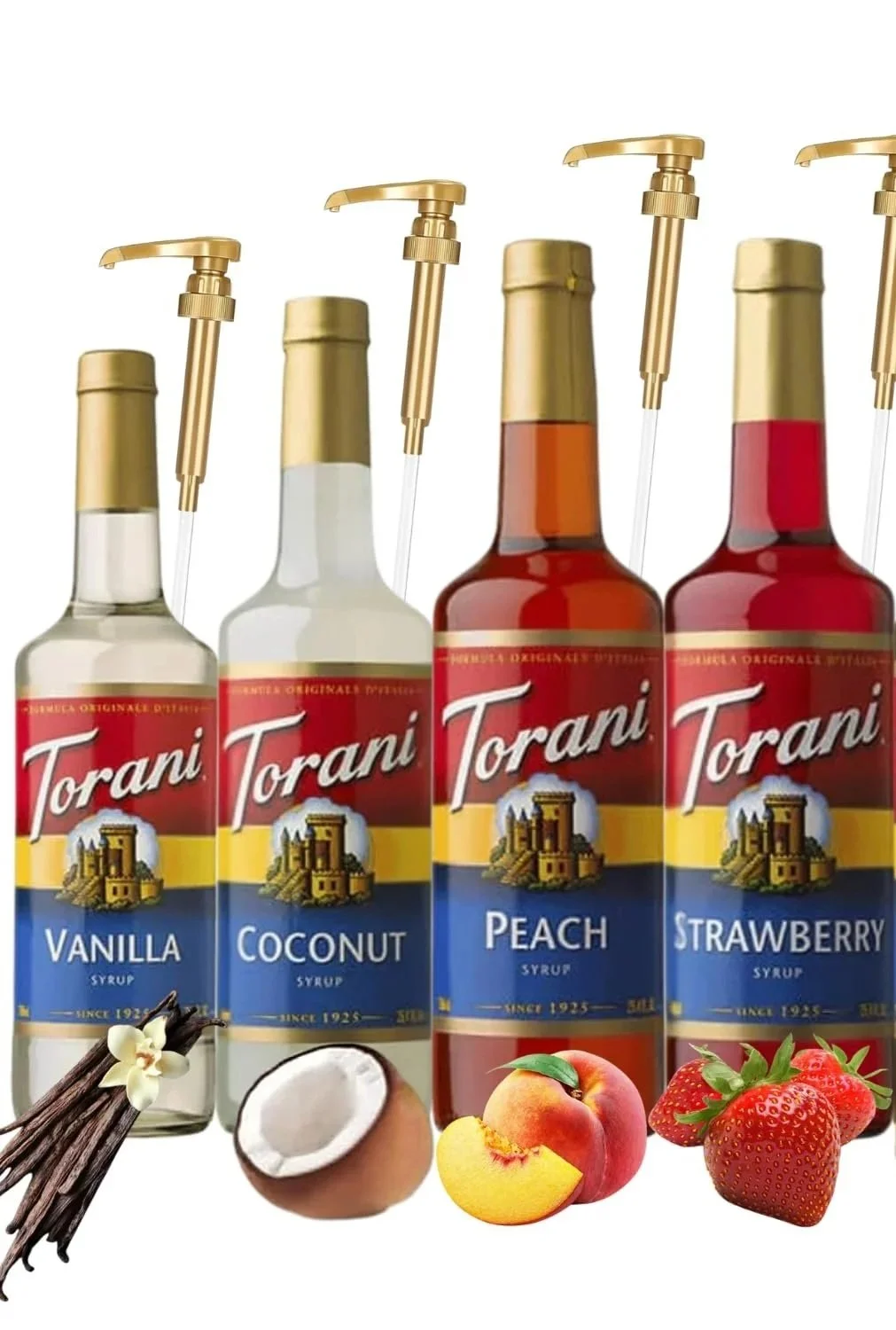 Four bottles of Torani syrup in vanilla, coconut, peach, and strawberry flavors with gold pump dispensers and ingredients: vanilla beans, coconut, peach, and strawberries.