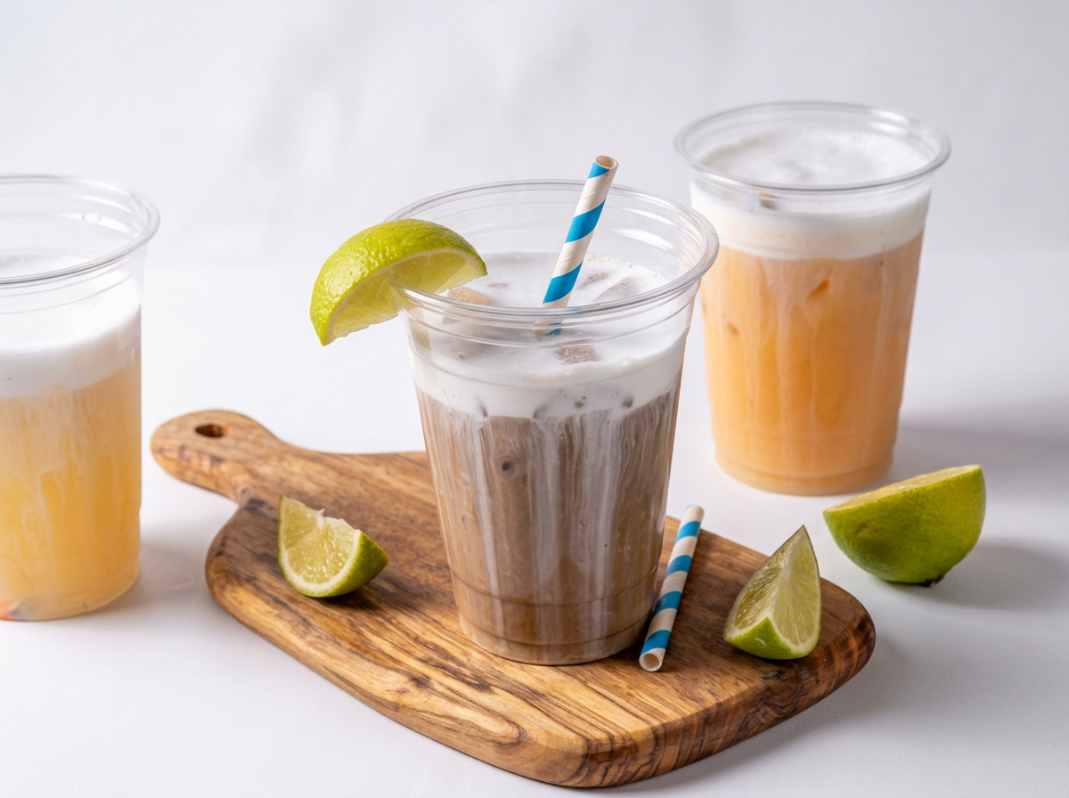 Three glasses of creamy coffee beverages with foam, garnished with lime wedges, placed on a wooden serving board with lime slices, two striped paper straws, and additional lime wedges, set against a plain white background.