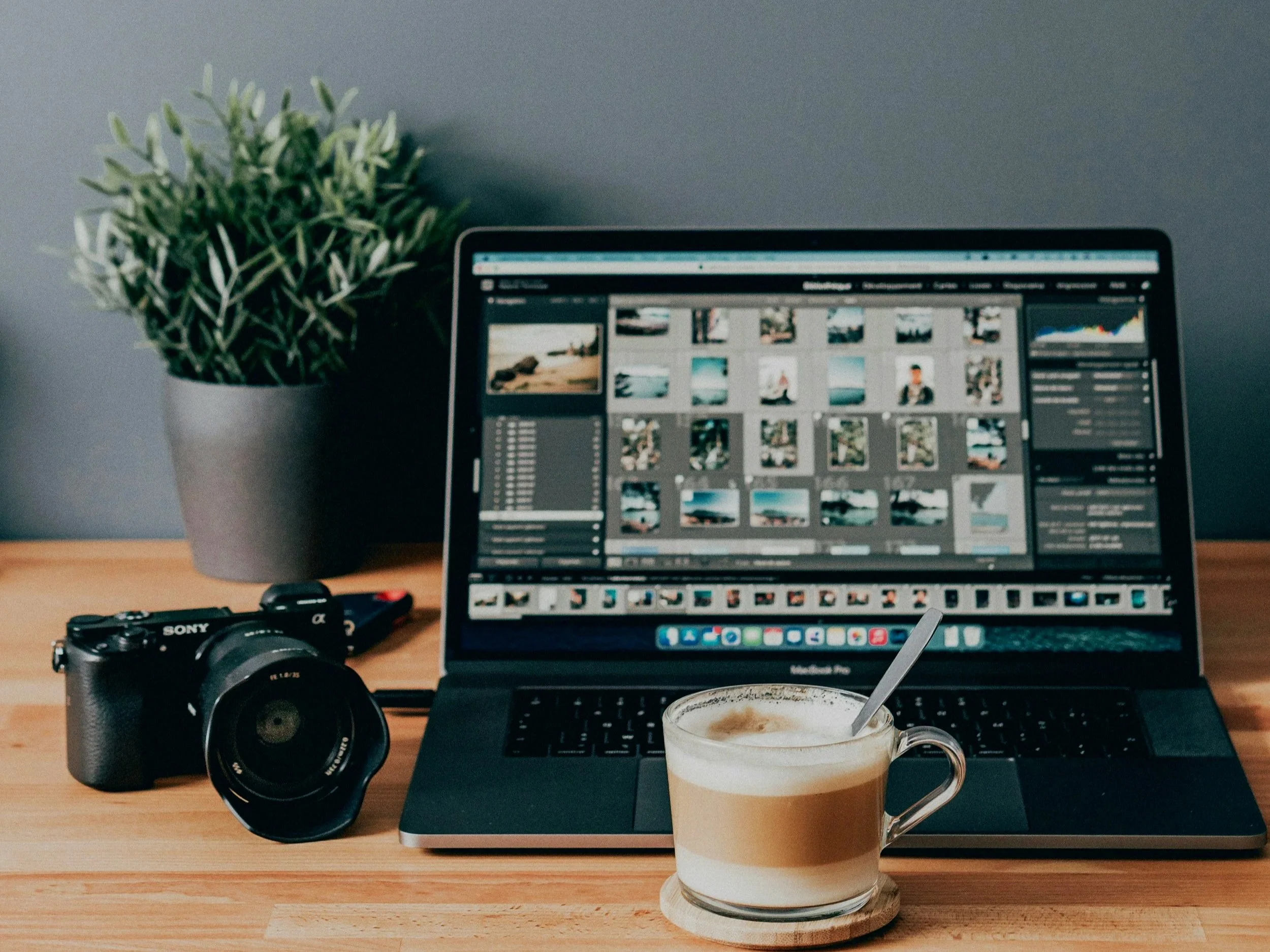 Desktop workspace with camera, computer monitor and photo editing software.