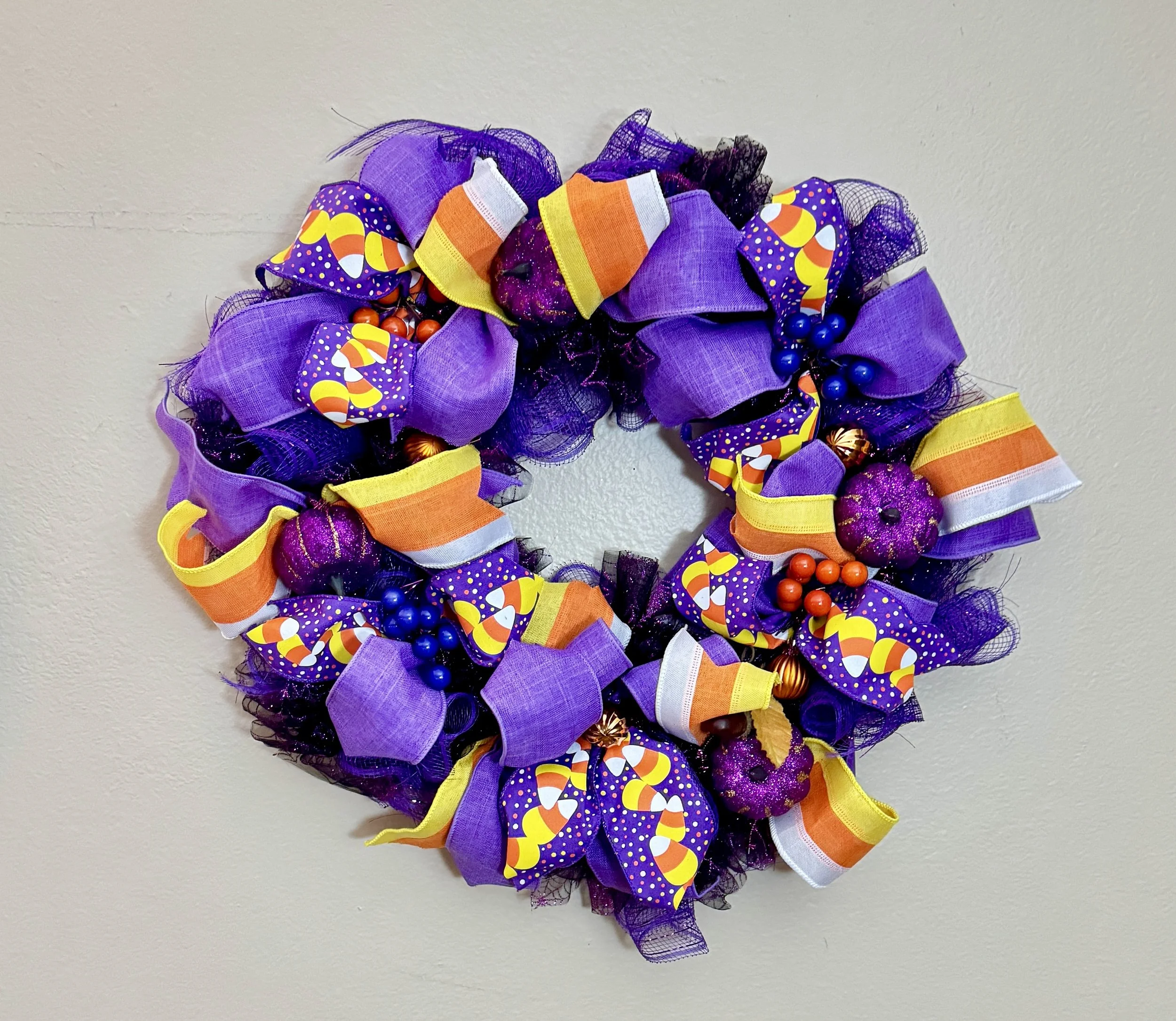 Purple and Orange Ribbon Halloween Wreath