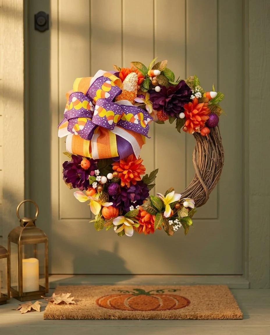 Halloween Purple Orange Faux Floral Wreath