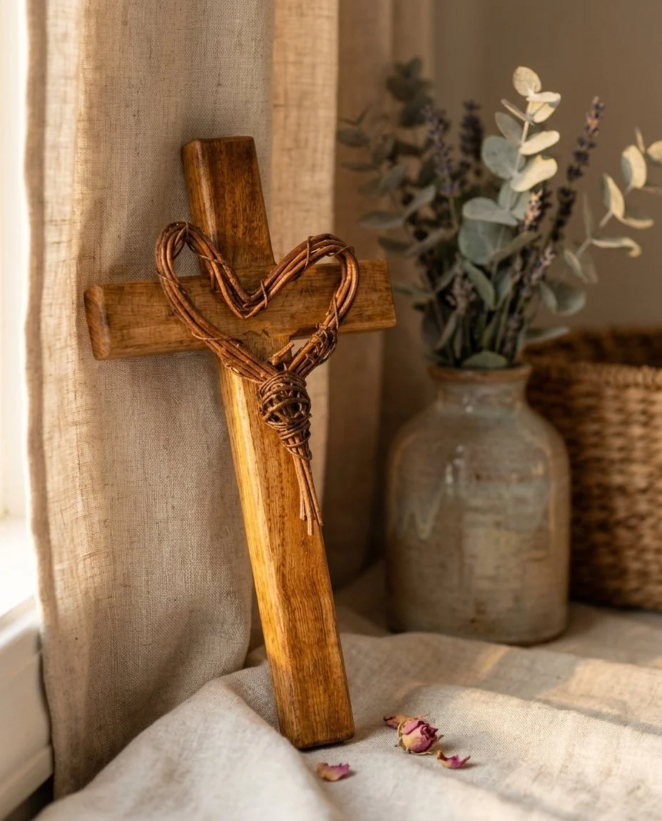 Handcrafted 9" Wood Cross with Woven Heart Design