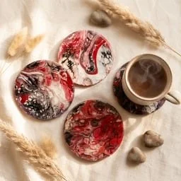 Fluid Art Resin Coaster Set of 4  with Reds, Blacks and Whites Marbled with Cork Bottoms
