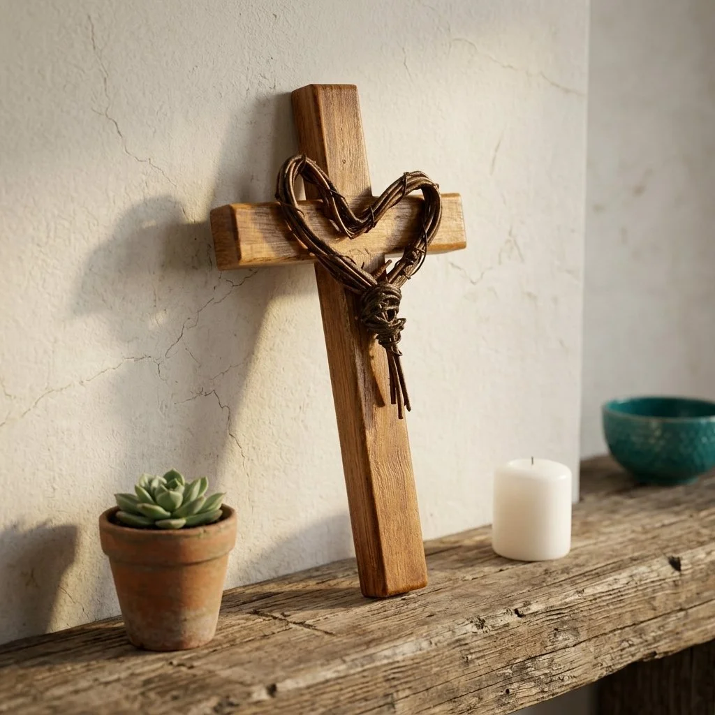 A wooden cross with a heart-shaped wooden wire wrapped around it, placed on a rustic wooden shelf with a succulent plant, a white candle, and a teal bowl nearby against a textured wall.