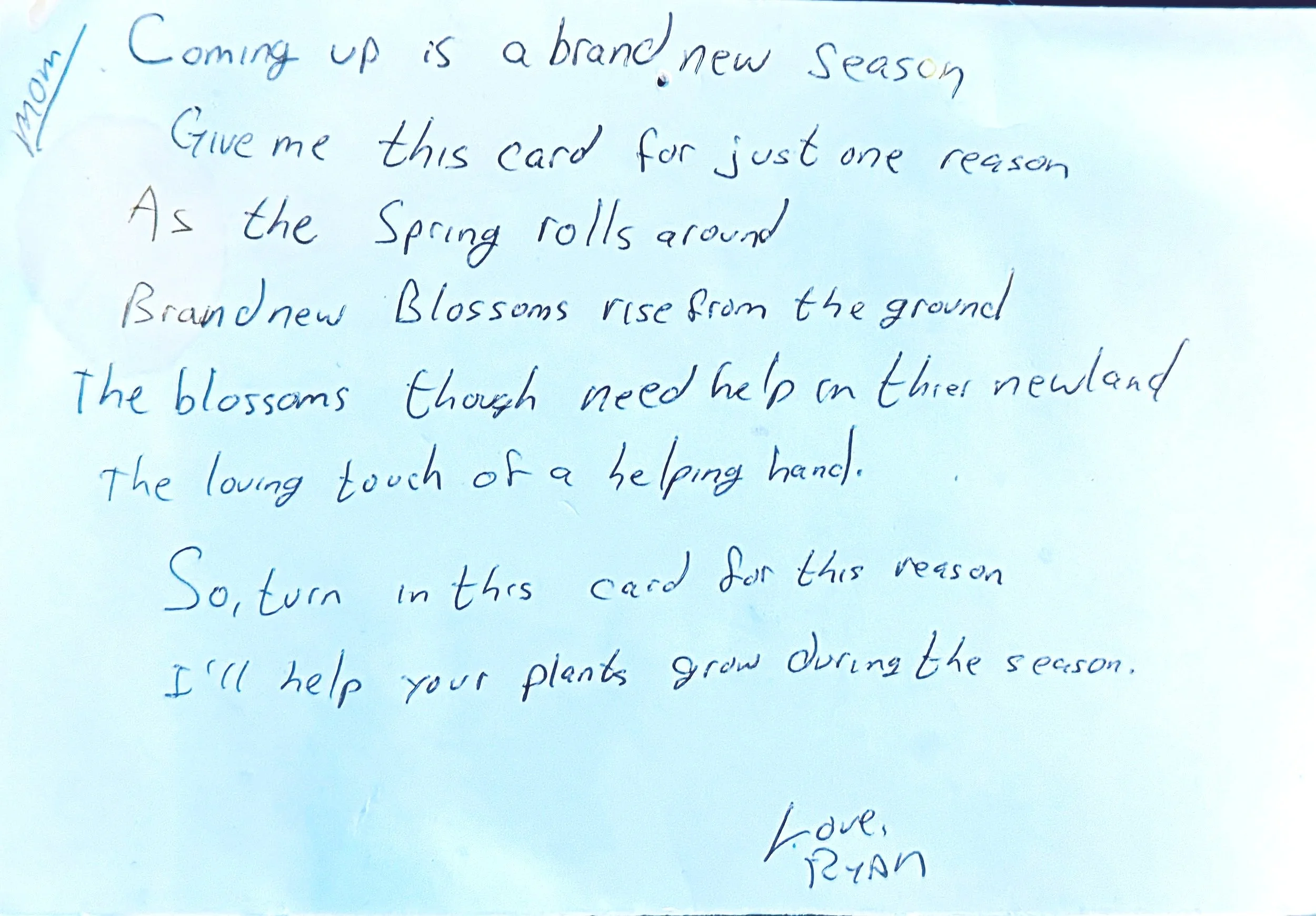 A handwritten letter on white paper expressing excitement for a new season and offering gardening advice.
