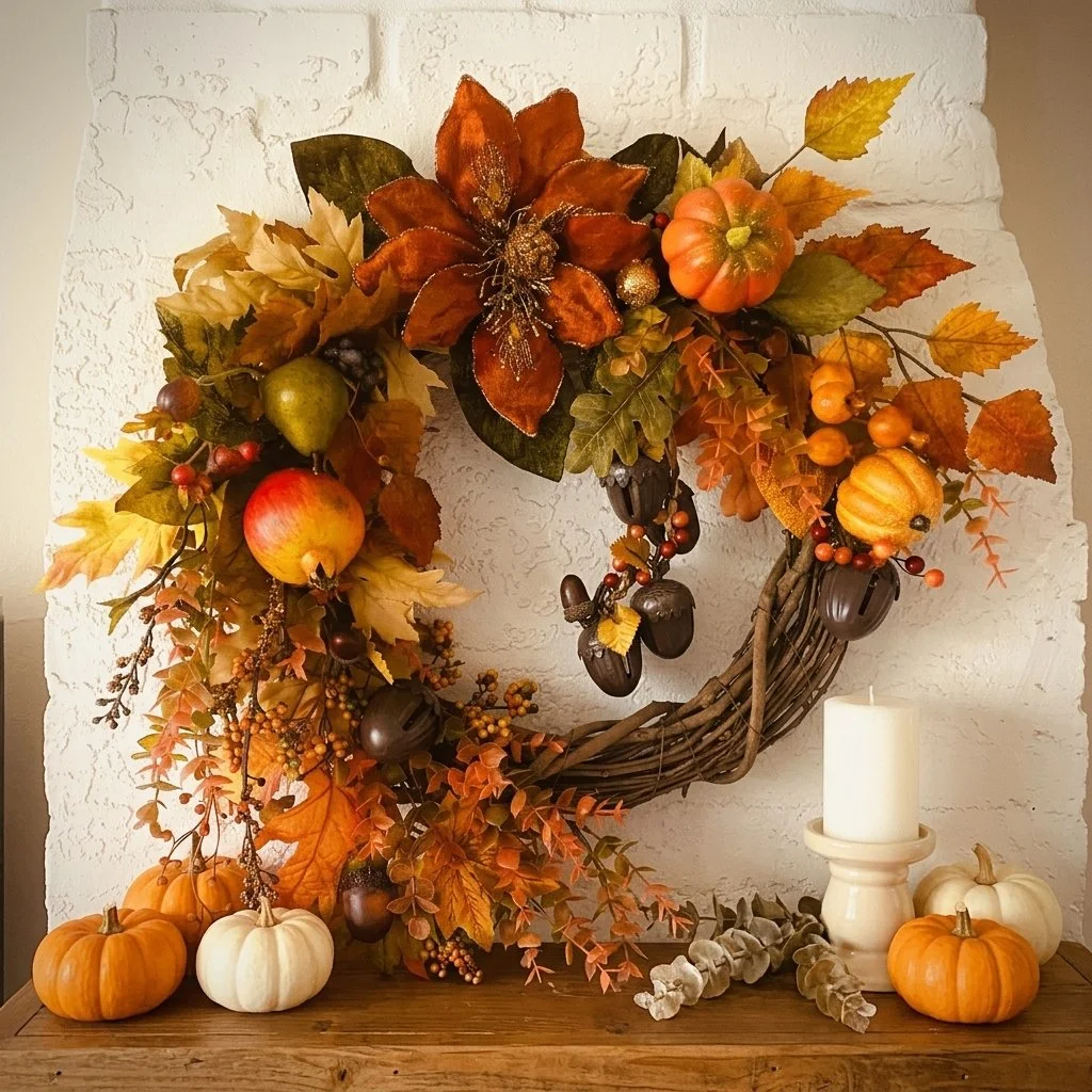 Autumn fall-themed wreath with leaves, pumpkins, gourds, berries, and acorns hanging on a white brick wall, with additional pumpkins and a white candle on a wooden surface below.