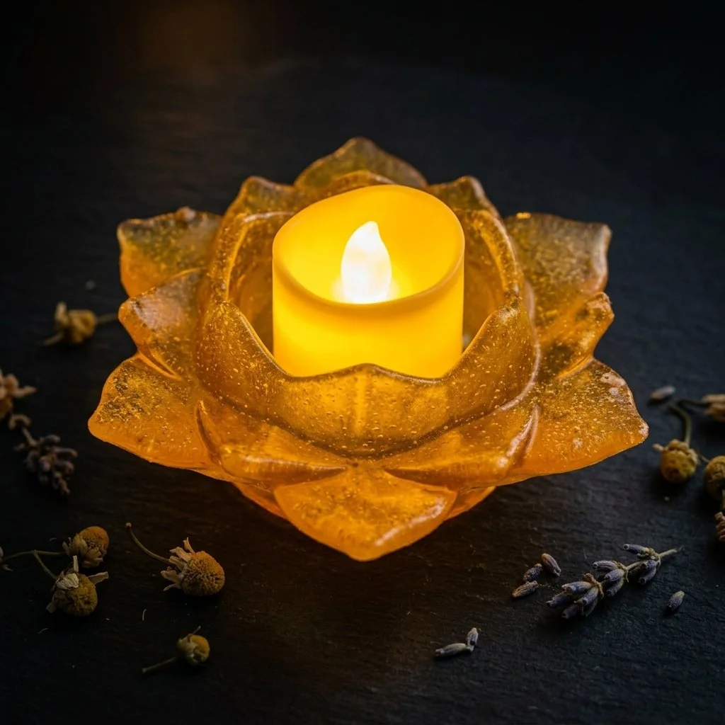 A lit candle in a yellow holder shaped like a rose, surrounded by artificial orange rose petals and small dried flowers on a dark surface.