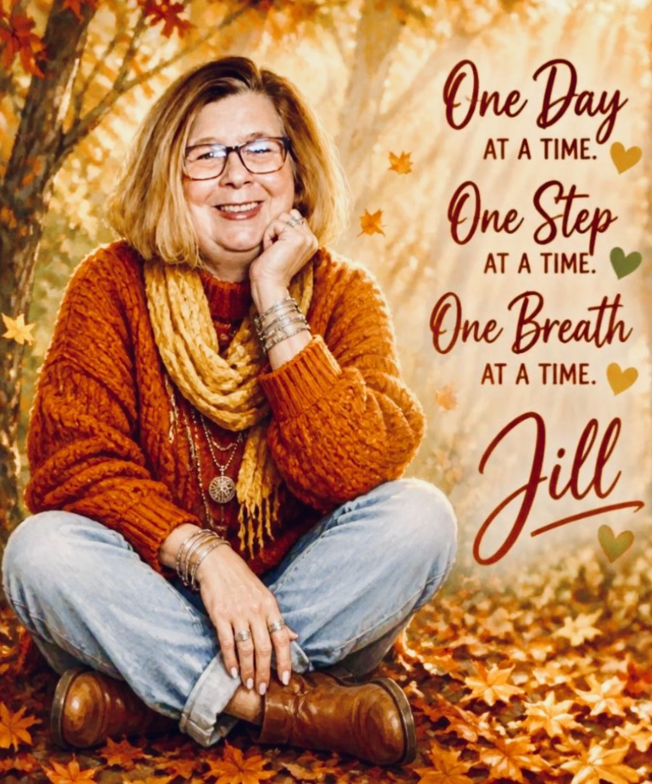 A smiling woman with glasses and shoulder-length blonde hair sits cross-legged on fallen autumn leaves in a park with trees and sunlight in the background. She is wearing a rust-colored knit sweater, a yellow scarf, and various jewelry. To the right of her, an inspirational quote reads: "One Day at a Time. One Step at a Time. One Breath at a Time." signed by Jill.