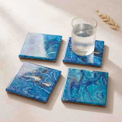 Ocean Fluid Art Resin Coaster Set of 4 with Cork Bottoms