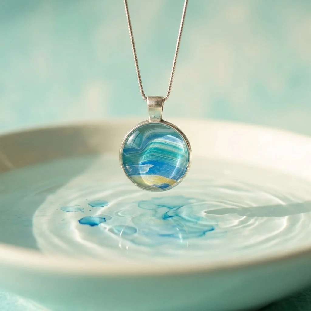 A circular pendant necklace with a swirling blue and green pattern, hanging above a shallow dish with blue liquid droplets creating ripples.