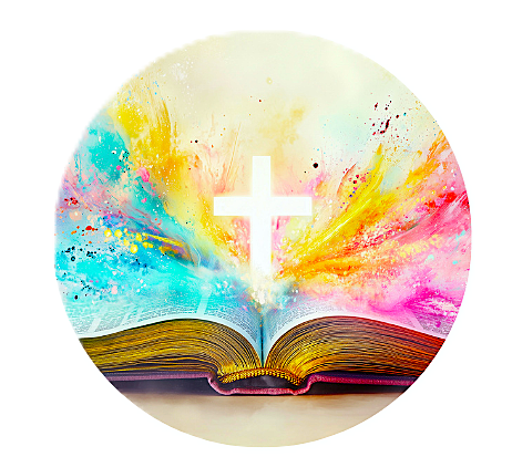 Open Bible with colorful paint splashes and a cross in the background.