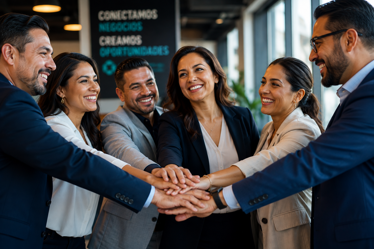 Grupo de personas de negocios sonriendo y poniendo sus manos juntas en señal de unión en una oficina moderna.
