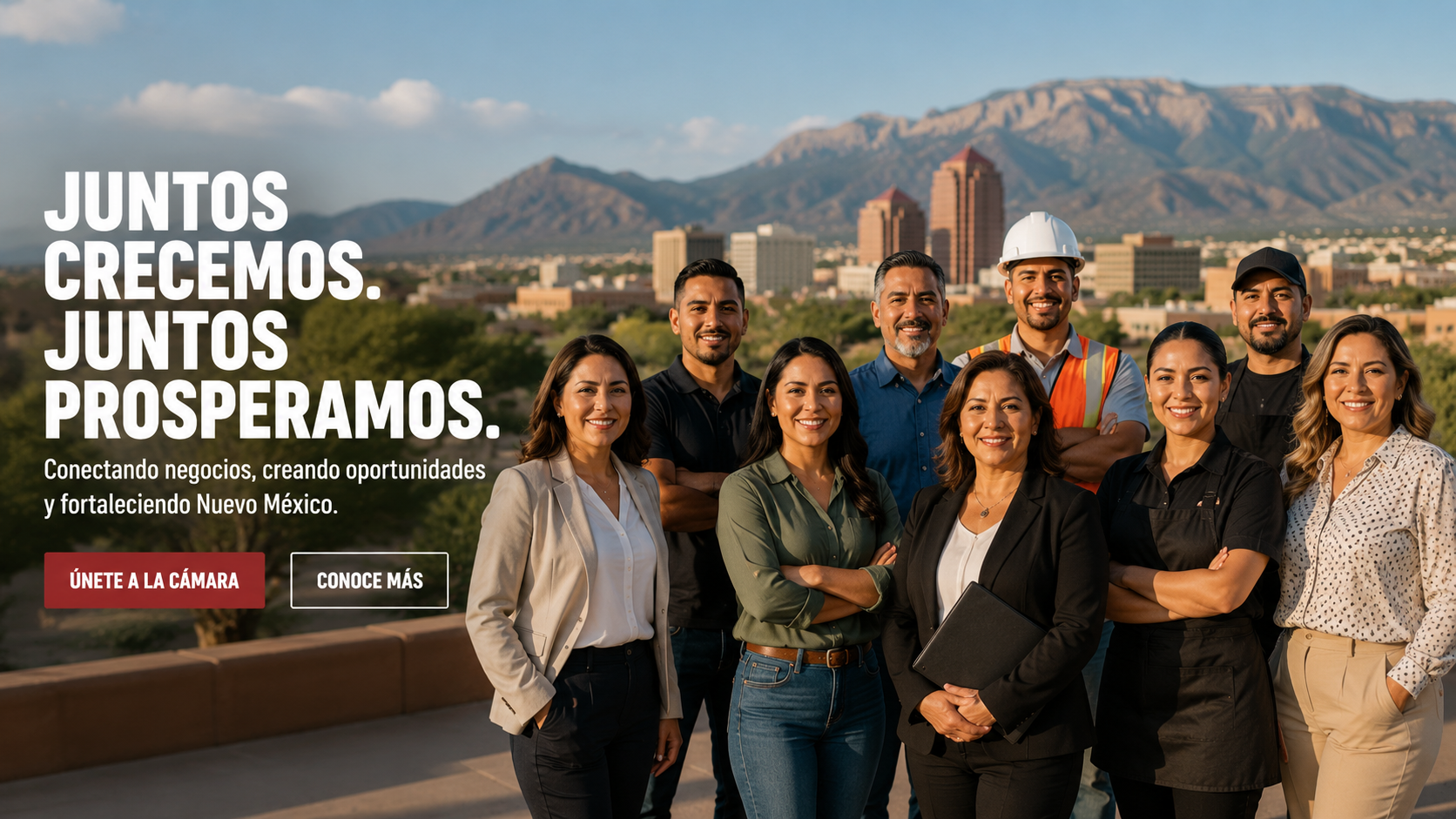 Un grupo de personas multirraciales y diversos géneros en entornos urbanísticos, algunos con ropa de trabajo, en un fondo de ciudad y montañas bajo un cielo despejado.