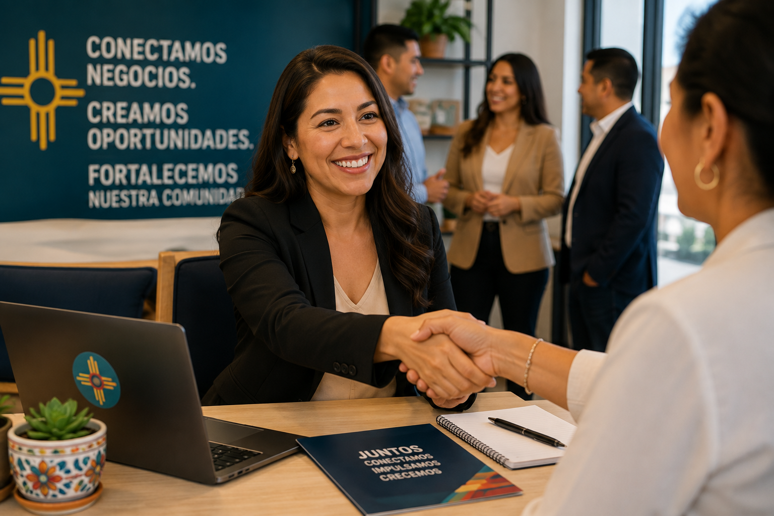 Mujer en traje de negocios sonriendo y estrechando la mano con otra mujer en una oficina moderna, con fondo de un cartel que dice 'Conectamos Negocios. Creamos Oportunidades. Fortalecemos Nuestra Comunidad' y otras personas conversando en el fondo.