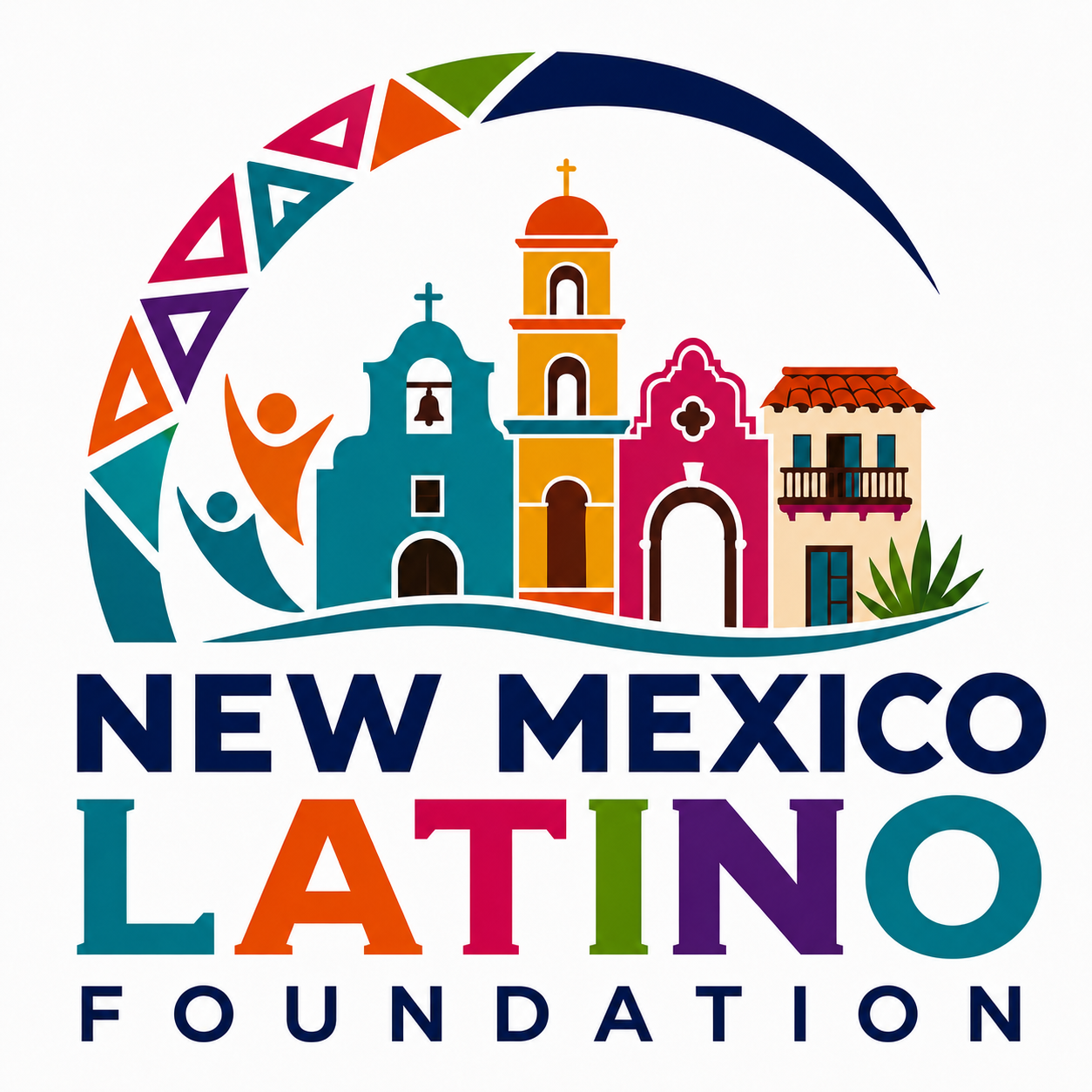 Logotipo de la Fundación Nuevo México Latino, con edificios coloridos y figuras humanas estilizadas en arcoíris de colores encima.