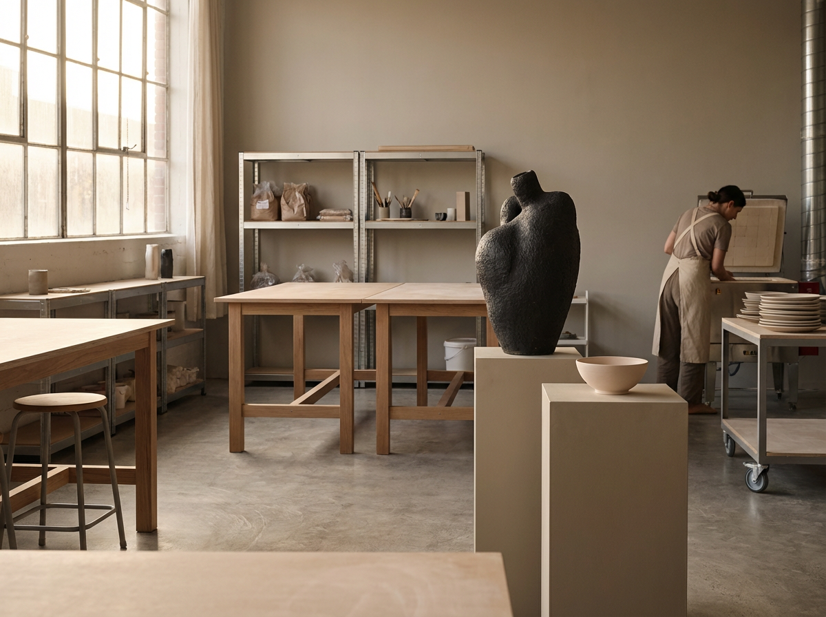 An art studio or workspace with wooden tables, shelves with art supplies, a large window letting in natural light, and a person working with clay or ceramics at a table. There are sculptures and pottery items on display.