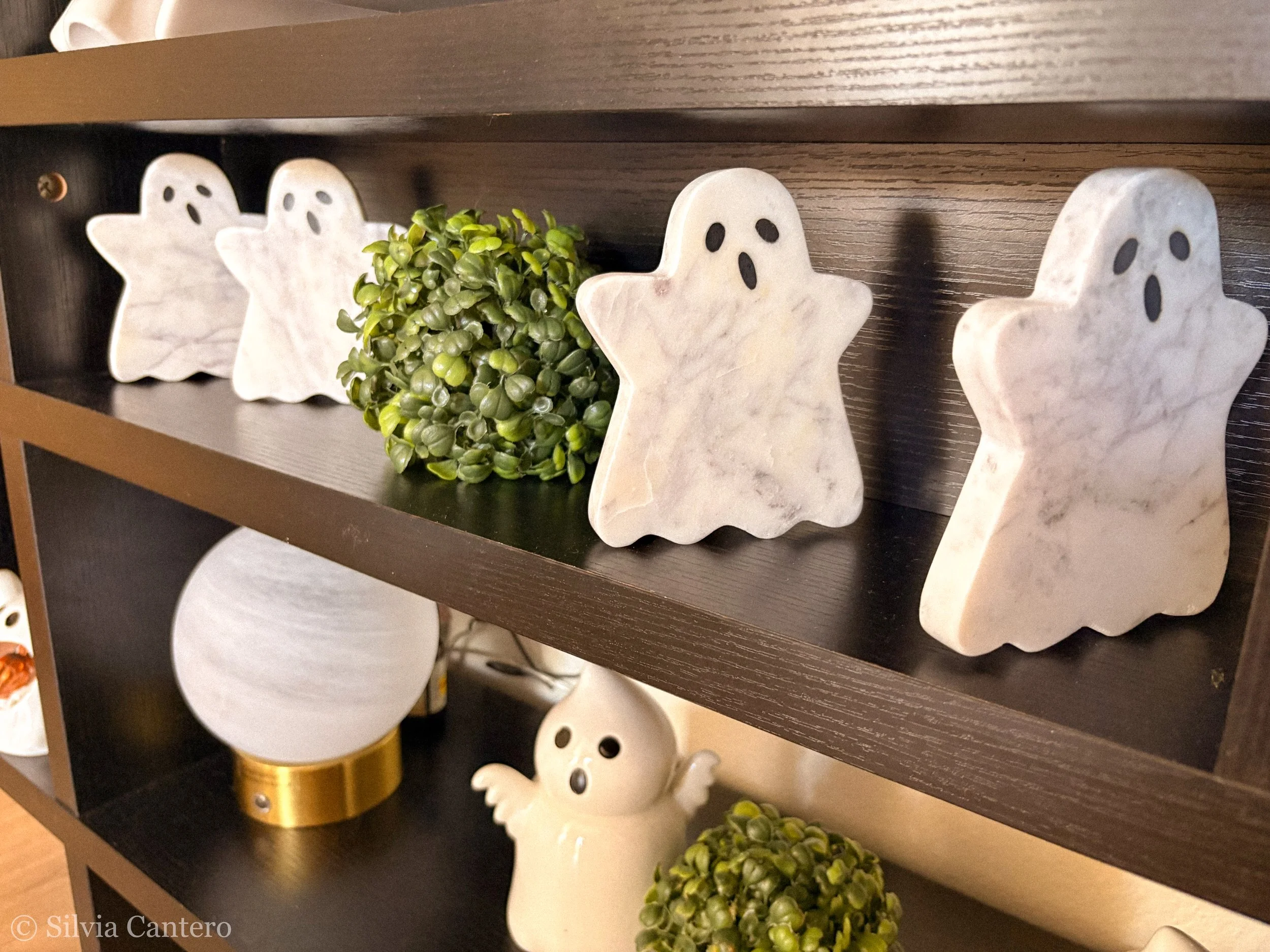 Shelf decorated with Halloween-themed ghost figurines and green artificial plants.