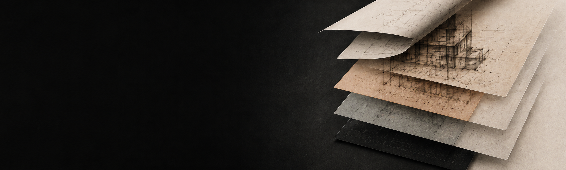 Stacked sheets of paper with architectural sketches and plans on each sheet, arranged at an angle with a black background on the left.