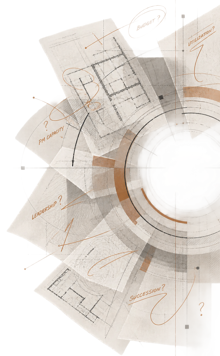 Images of architectural plans and sketches with handwritten notes about capacity, leadership, utilization, and succession, overlaid with graphical data and design elements.