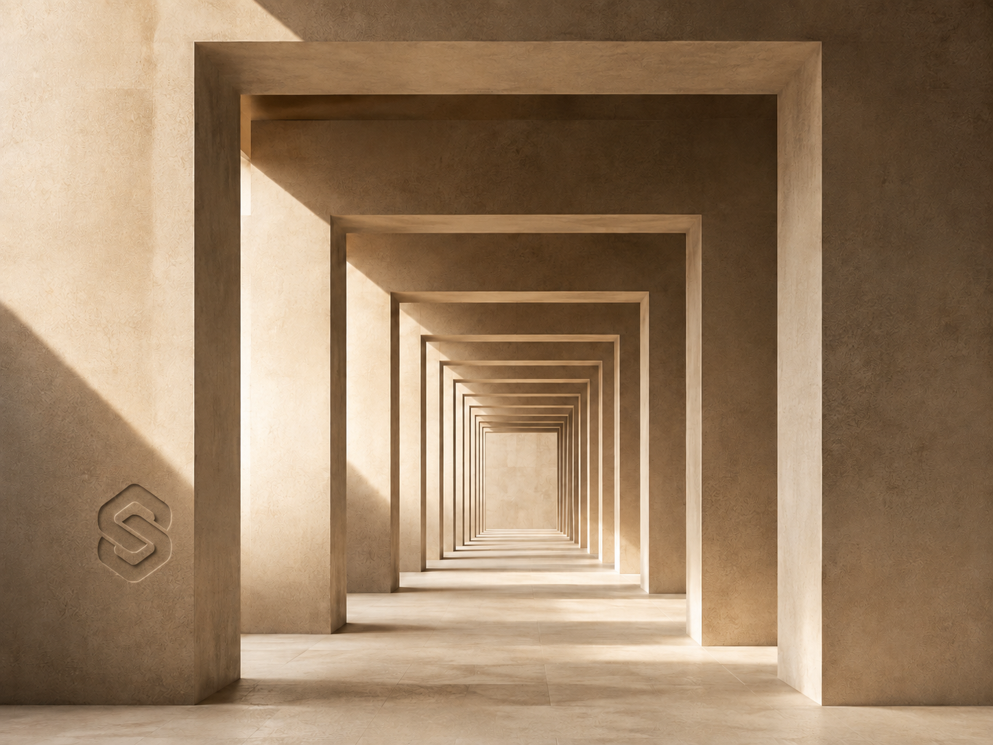 A series of beige, rectangular doorways in a building, creating a tunnel effect with shadows cast on the walls.