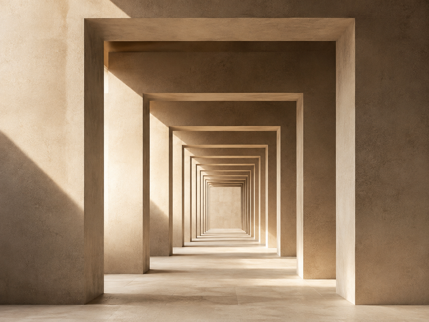 A symmetrical series of open doorways in a beige building, creating a tunnel effect with light and shadows.