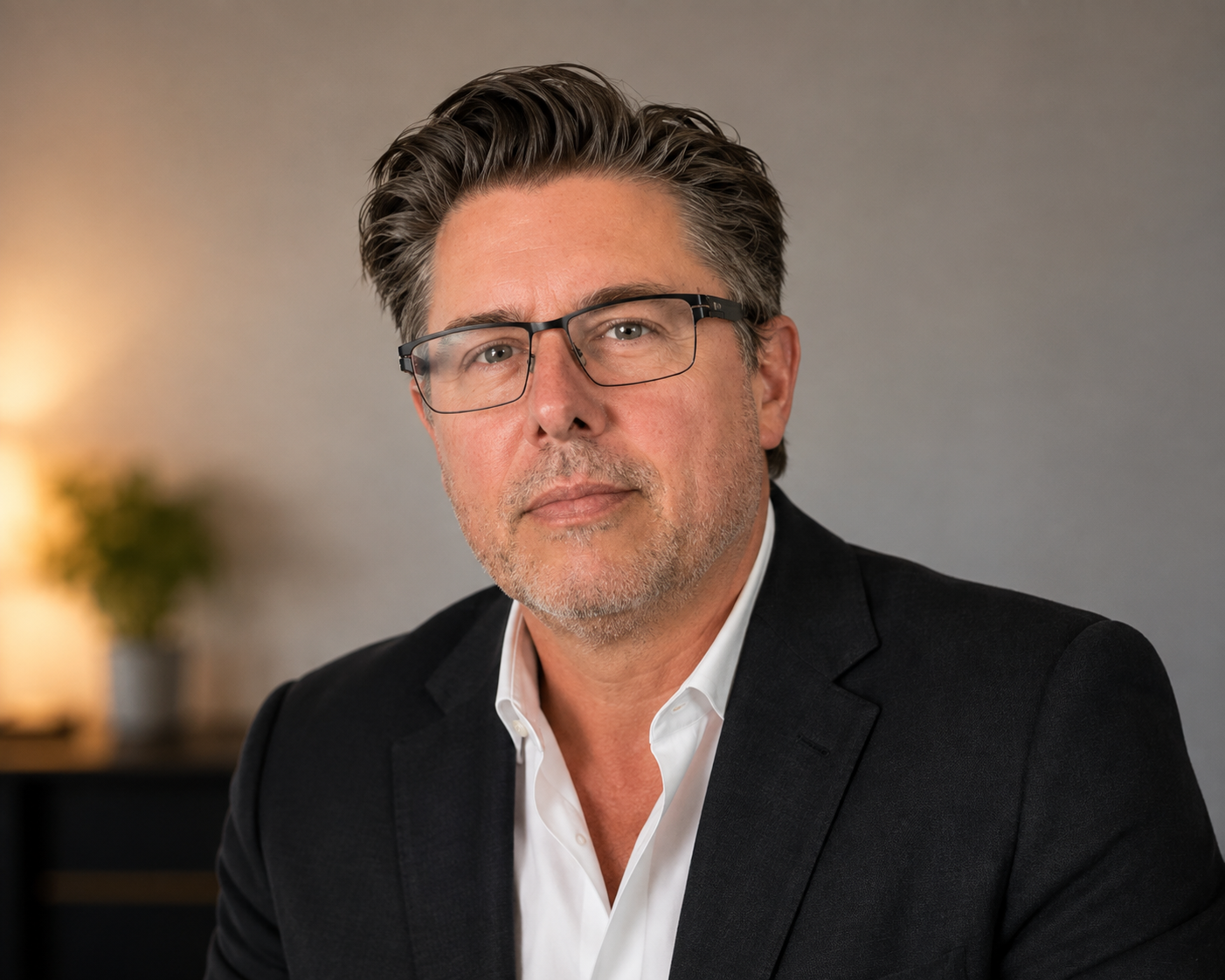 A middle-aged man with gray hair and glasses, wearing a black suit and white shirt, sitting indoors with a blurred background of a lamp and plant.