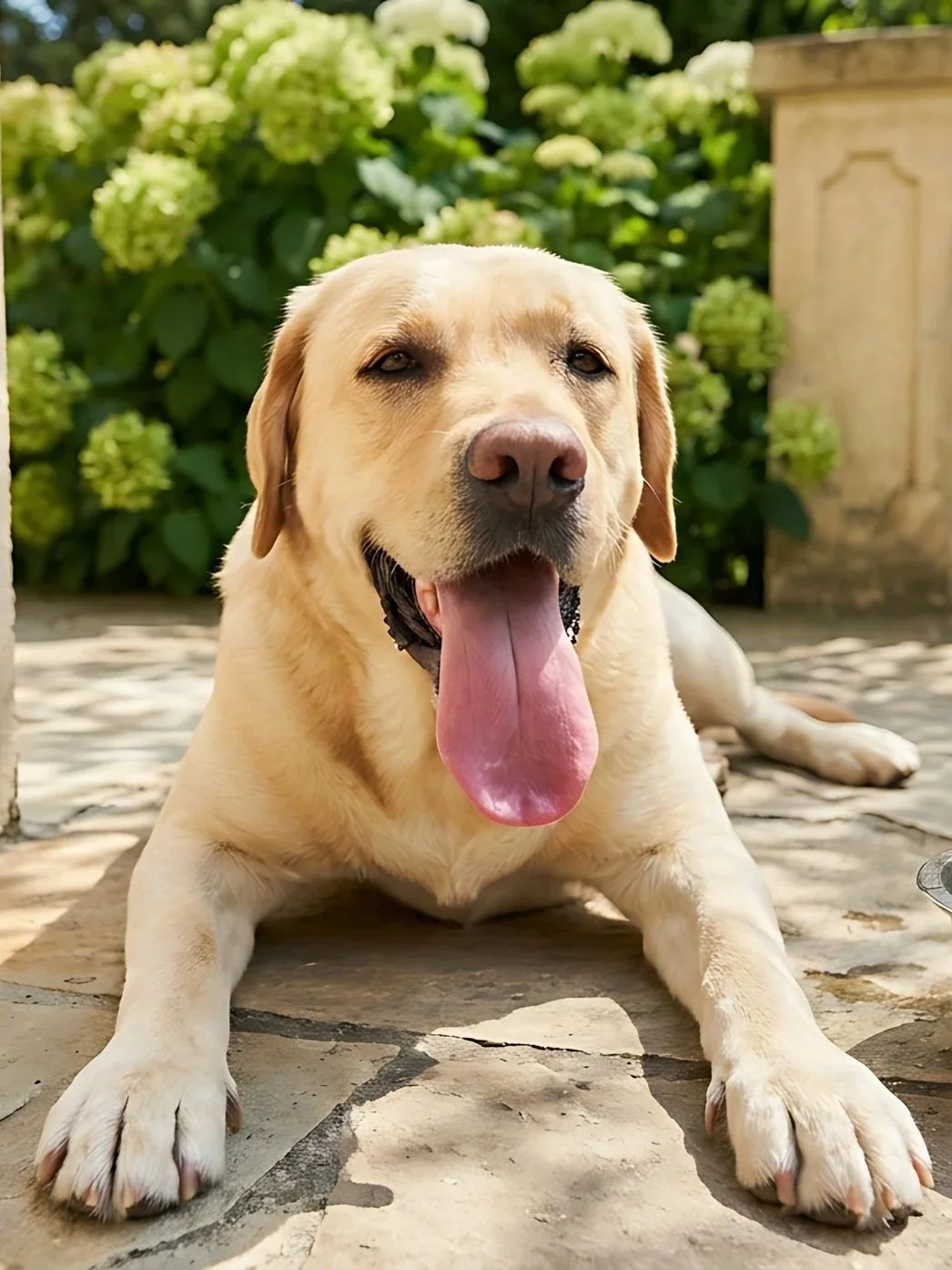 A happy yellow Labrador retriever dog lying on a stone patio with greenery in the background, tongue out and relaxed.