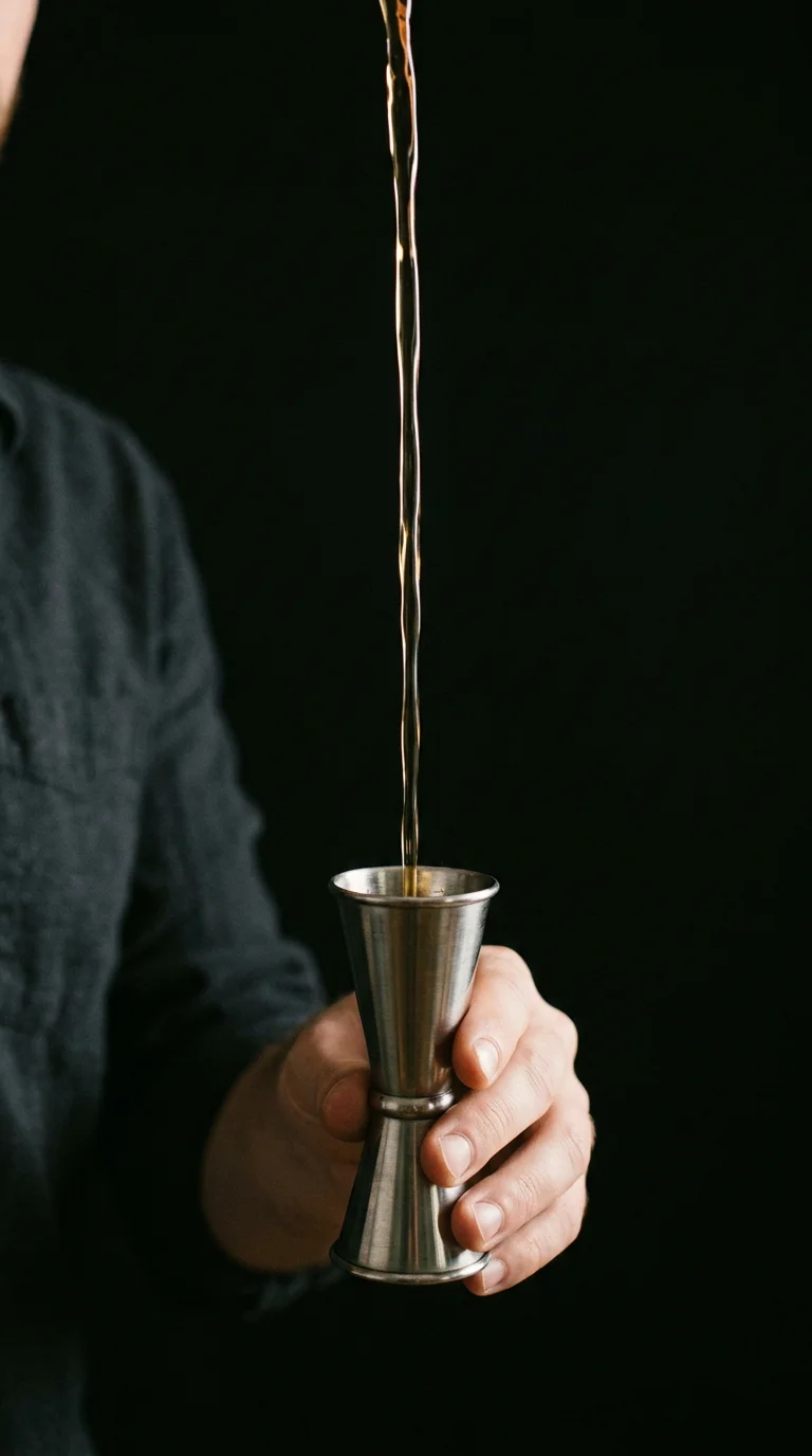 Person pouring a dark beverage, likely coffee or tea, from a container into a metal jigger held in their hand.