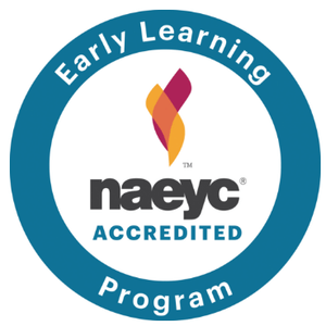 NAEYC accredited early learning program logo with a blue circular border and stylized flame symbol in orange and purple.