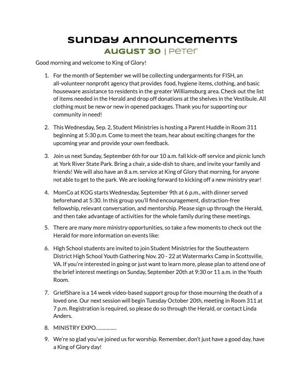 Sunday announcements for August 30, including community events, church activities, and ministry opportunities.