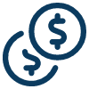 Two stylized dollar coins, one with a dollar sign and the other with a smaller dollar sign.