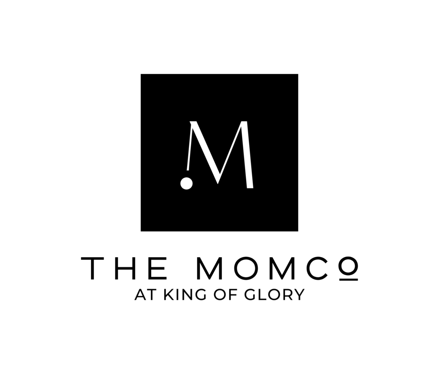 Logo for The Momo at King of Glory, featuring a black square with a white letter M and a period, and text below reading "The Momo at King of Glory."
