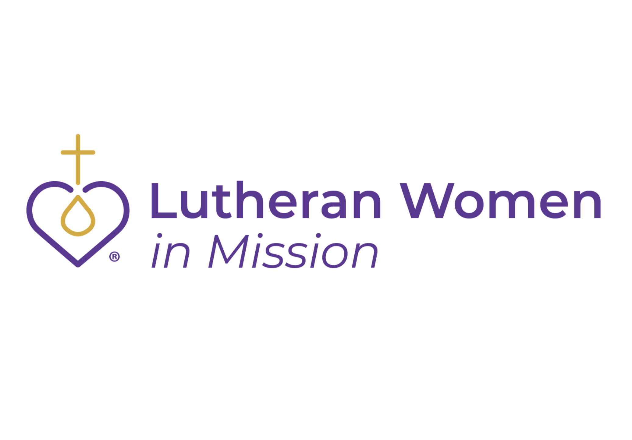 Logo with a heart shape, a cross, and a teardrop, and text reading 'Lutheran Women in Mission' in purple and gold colors.