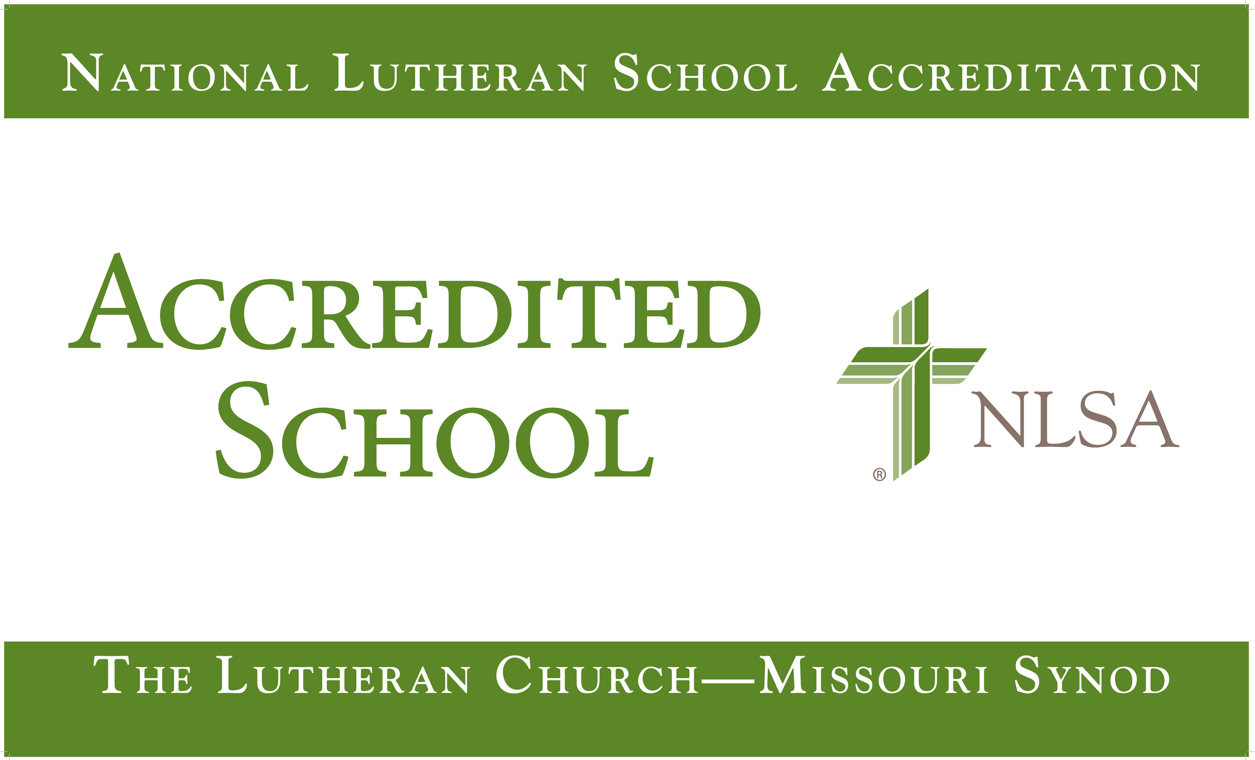 Certification logo for the National Lutheran School Accreditation (NLSA) with green and white colors, featuring a cross symbol and text indicating accreditation by the Missouri Synod.
