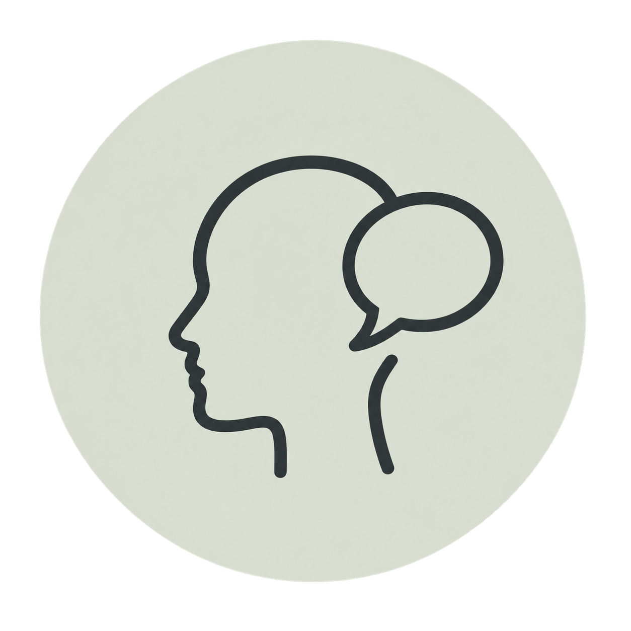Simple line drawing of a human head profile with a speech bubble next to it, on a light background.