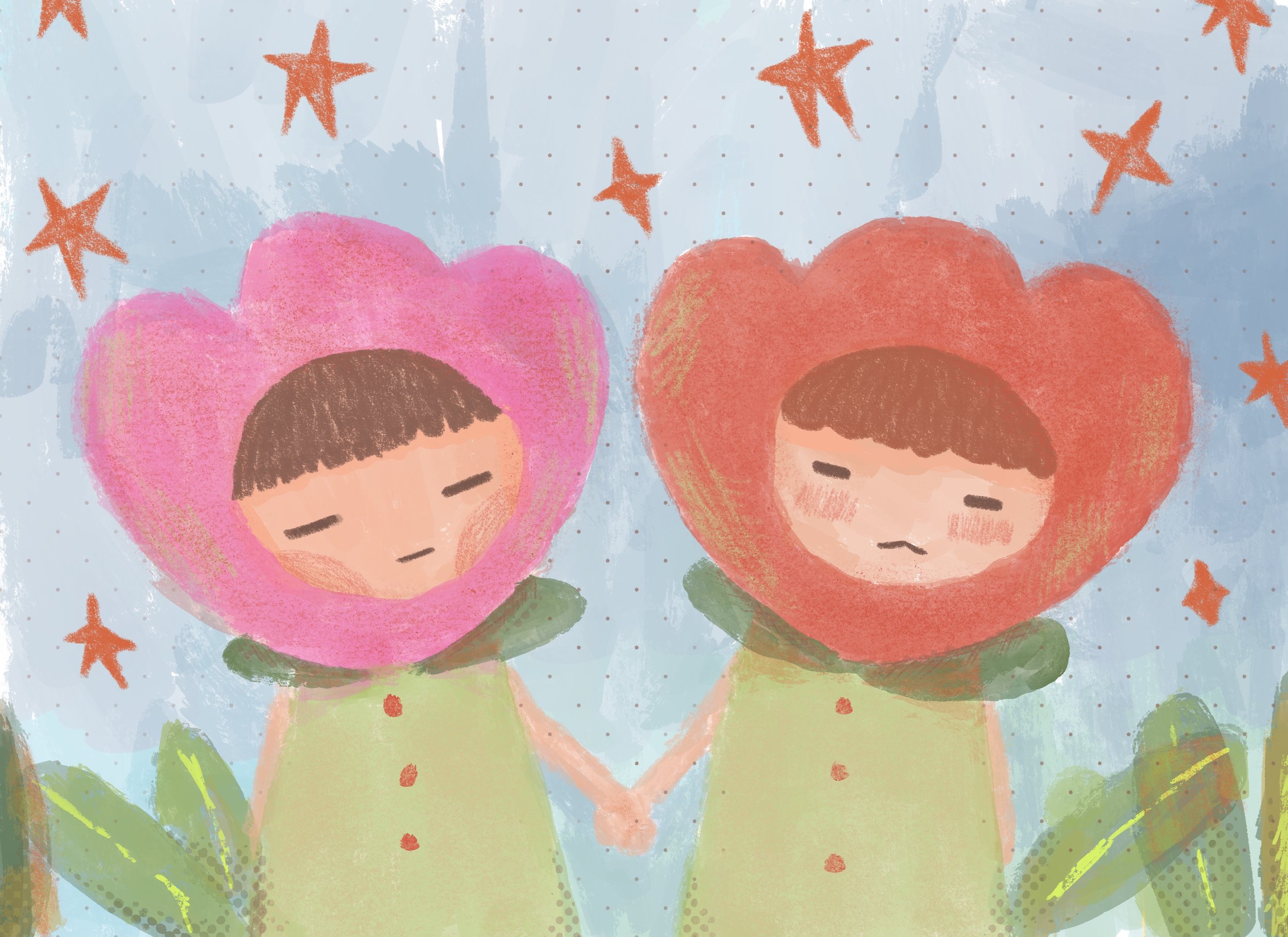 Drawing of two figures with large heart-shaped headpieces, one pink and one red, set against a light blue background with orange stars and green accents.